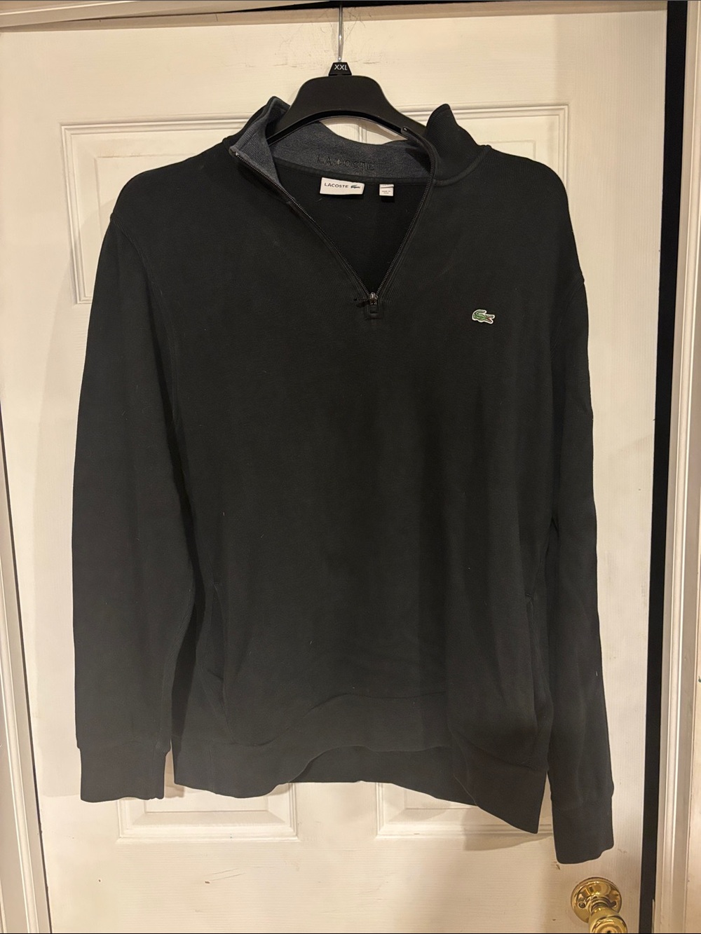 Lacoste Men's Black Quarter-Zip Sweatshirt with Green Crocodile Logo